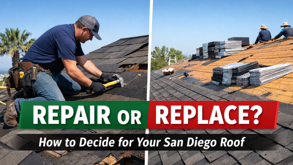 Side by side view of a patched roof section next to a fully replaced roof on a Southern California home