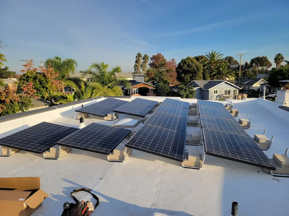 Solar array installed on a flat commercial roof in San Diego