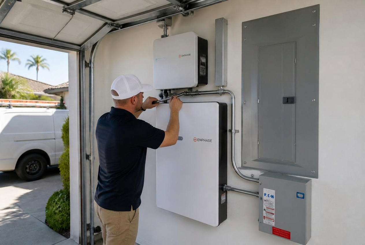 Home battery storage unit mounted on a garage wall next to an electrical panel